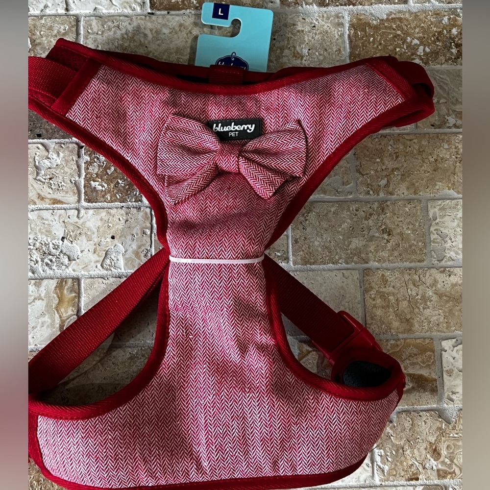 🆕 Blueberry Pet Harness Vest,Size Large, RED, textured tweed, handmade bow